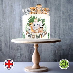 Deux animaux sauvages de la jungle pour douche de bébé, décoration de gâteau comestible, feuille de glaçage, carte gaufrette, impressions comestibles