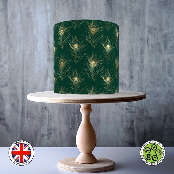 Emerald and Gold Peacock feather Seamless Pattern wrap around edible cake topper, ICING sheet, WAFER card, Cake Wrap, Edible Prints