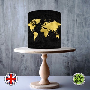 World Map in shades of Black & Gold wrap around edible cake topper, ICING sheet, WAFER card, Cake Wrap, Edible Prints