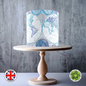 Topo de bolo comestível com mapa-múndi vintage azul, folha de glacê, cartão WAFER, envoltório de bolo, impressões comestíveis