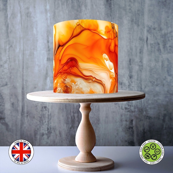 Tangerine Orange Fantasy Alcohol ink Marble Pattern wrap around edible cake topper, ICING sheet, WAFER card, Cake Wrap, Edible Prints
