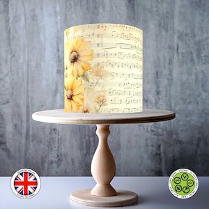Notes de musique florales shabby chic, feuilles de musique tournesol enveloppantes de gâteau comestible, feuille de glaçage, carte gaufrette, emballage de gâteau, impressions comestibles