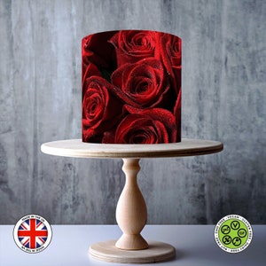 Roses rouges enveloppement floral noir et rouge autour de gâteau comestible, feuille de glaçage, carte gaufrette, emballage de gâteau, impressions comestibles