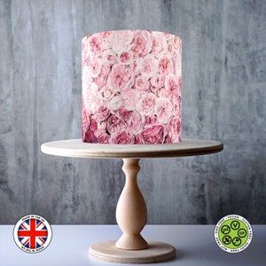 Roze rozen bloemen bloemen wrap rond eetbare taart topper, ICING vel, WAFER kaart, Cake Wrap, eetbare prints