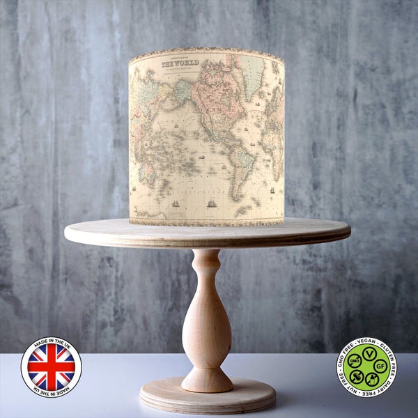 Map of the World 1858 wrap around edible cake topper, ICING sheet, WAFER card, Cake Wrap, Edible Prints