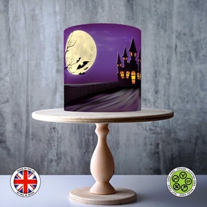 Purple Halloween Castle full moon wrap around edible cake topper, ICING sheet, WAFER card, Cake Wrap, Edible Prints