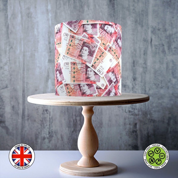 50 pound notes piled up wrap around edible cake topper, ICING sheet, WAFER card, Cake Wrap, Edible Prints