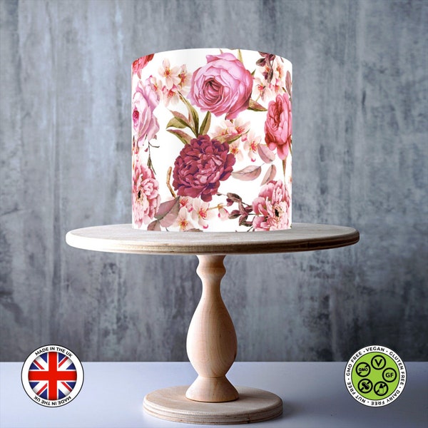 Fleurs de pivoine roses enveloppant un gâteau comestible, feuille de glaçage, carte WAFER, emballage de gâteau, impressions comestibles