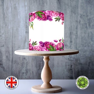Pink Flowers Border wrap rond eetbare taarttopper, ICING-blad, WAFER-kaart, Cake Wrap, Eetbare prints