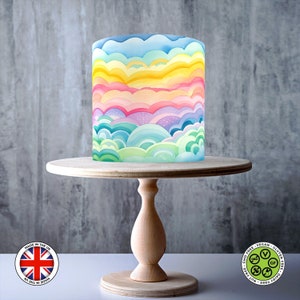 Aquarel regenboogwolken wikkelen rond eetbare taarttopper, glazuurvel, WAFER-kaart, taartomslag, eetbare prints