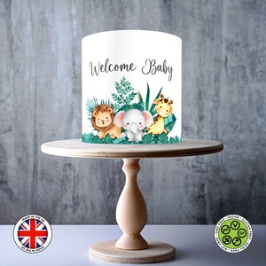 Adorno para tarta comestible personalizado con diseño de jirafa, elefante y león, lámina de GLASEADO, tarjeta de oblea, envoltorio para tarta, impresiones comestibles