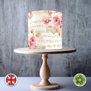 Shabby chique bloemen muzieknoten, rozen muziekbladen wikkelen rond eetbare taarttopper, glazuurvel, WAFER-kaart, taartomslag, eetbare prints
