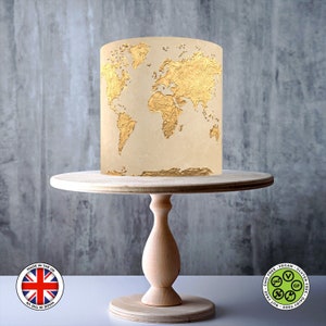 Beige & Gold World Map wickeln essbarer Cake Topper, Zuckerguss Blatt, WAFER Karte, Cake Wrap, essbare Drucke