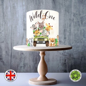 Topo de bolo comestível para chá de bebê Wild One Safari Animais fofos carro verde, folha de GELO, cartão WAFER, estampas comestíveis