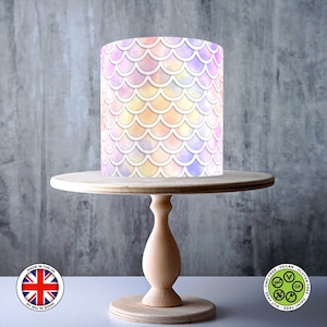Motif peau de sirène violet rose pêche aquarelle clair enroulé autour de gâteau comestible, feuille de glaçage, carte gaufrette, emballage de gâteau, impressions comestibles