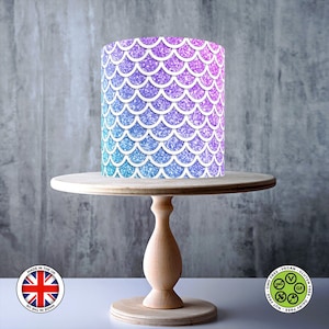 Motif sirène bleu et violet effet pailleté enveloppant autour de gâteau comestible, feuille de glaçage, carte gaufrette, emballage de gâteau, impressions comestibles