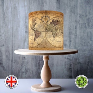 Vintage oude wereldkaart wrap around eetbare taarttopper, glazuurvel, WAFER-kaart, taartomslag, eetbare prints