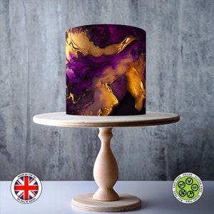 Royal Purple en Gold Fantasy alcoholinkt marmerpatroon wikkel rond eetbare taarttopper, glazuurvel, WAFER-kaart, taartomslag, eetbare prints