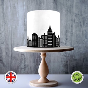 Pacchetto skyline della città in nero e grigio con supereroi, decorazione per torta di compleanno commestibile per bambini, foglio di GLASSA, carta WAFER, involucri per torte, stampe commestibili