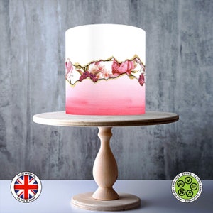 Ombre en roze pioen breuklijn wrap around eetbare taarttopper, glazuurvel, WAFER-kaart, taartomslag, eetbare prints