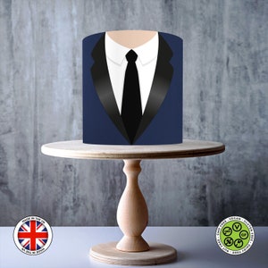 Tuxedo blu navy e cravatta avvolgere intorno al topper per torta commestibile, foglio di GLASSA, carta WAFER, involucro per torta, stampe commestibili