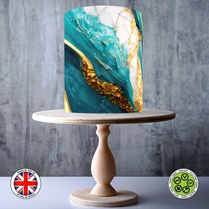 Panoramisch blauwgroen witgoud effect marmeren wrap rond eetbare taarttopper, ICING-blad, WAFER-kaart, Cake Wrap, Eetbare prints