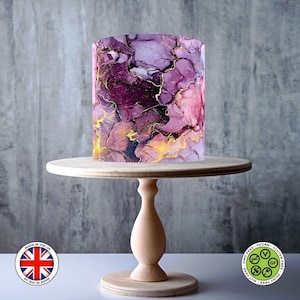 Topo de bolo comestível envolvente com padrão de mármore rosa, roxo e dourado, folha de glacê, cartão de WAFER, envoltório de bolo, impressões comestíveis