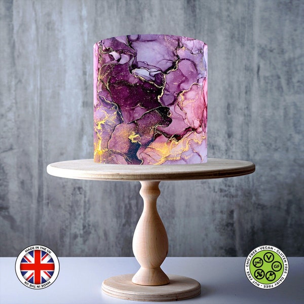 Pink Purple & Gold Marble Pattern wrap around edible cake topper, ICING sheet, WAFER card, Cake Wrap, Edible Prints