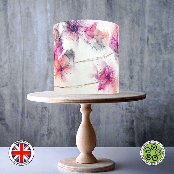 Watercolour Flowers wrap around edible cake topper, ICING sheet, WAFER card, Cake Wrap, Edible Prints