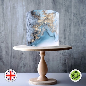 Topper per torta commestibile con motivo in marmo blu e oro, foglio di GLASSA, carta WAFER, involucro per torta, stampe commestibili
