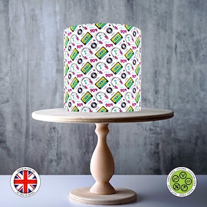 Retro 90&#39;s style Cassette Tape Headphones Vinyl Seamless wrap around edible cake topper, ICING sheet, WAFER card, Cake Wrap, Edible Prints