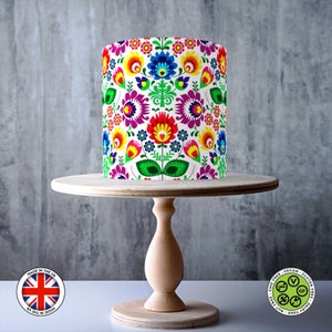 Motif floral d'art folklorique polonais enveloppant sans couture autour de gâteau comestible, feuille de glaçage, carte de gaufrette, emballage de gâteau, impressions comestibles