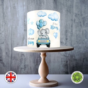 Baby Shower Es un niño, Bienvenido bebé, Elefante en un auto Set de acuarela azul Adorno comestible para pastel, Hoja de GLASEADO, Tarjeta de OBLEA, Impresiones comestibles