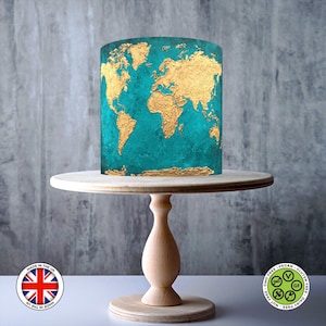 Groenblauwe en gouden wereldkaart wrap around eetbare taarttopper, glazuurvel, WAFER-kaart, taartomslag, eetbare prints