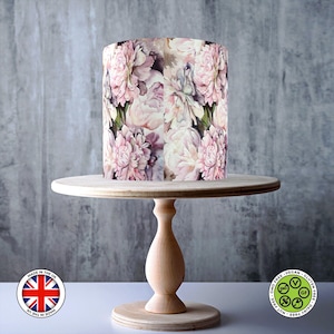 Fleurs de pivoine blanche enveloppant un gâteau comestible, une feuille de glaçage, une carte WAFER, une pellicule de gâteau, des impressions comestibles