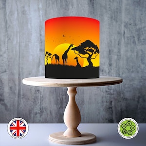 Pôr do sol no Safari Decoração de topo de bolo comestível envolvente sem costura, folha de glacê, cartão WAFER, envoltório de bolo, impressões comestíveis