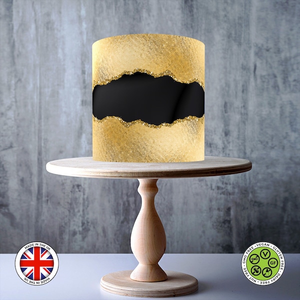 Gold effect with Black Fault line Seamless wrap around edible cake topper, ICING sheet, WAFER card, Cake Wrap, Edible Prints