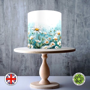 Gänseblümchen Frühlingswiese Aquarell Blumen Wrap rund essbare Tortenfigur, weiße Blumen, Zuckerguss Blatt, WAFER Karte, Cake Wrap, essbare Drucke