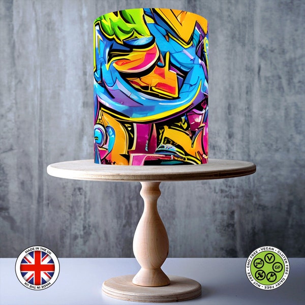 Panoramic colourful graffiti wrap around edible cake topper, ICING sheet, WAFER card, Cake Wrap, Edible Prints