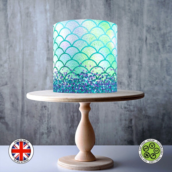 Rainbow Mermaid Fish Scale Pattern wrap around edible cake topper decoration, ICING sheet, WAFER card, Cake Wrap, Edible Prints