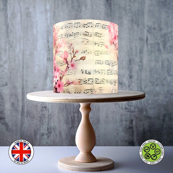 Cherry Blossom Musical Notes, Musical Sheets wrap around edible cake topper, ICING sheet, WAFER card, Cake Wrap, Edible Prints