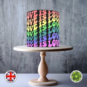 Drapeau arc-en-ciel fané LoVE IS LoVE PRIDE enveloppant un gâteau comestible, une feuille de glaçage, une carte gaufrette, une pellicule de gâteau, des impressions comestibles