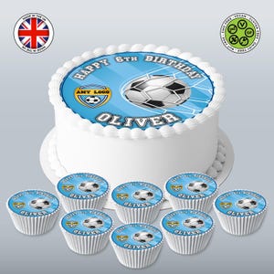 Your Football Club-logo gepersonaliseerde eetbare voetbalset, ronde topper van 7,5 inch en 8 bijpassende cupcakes, ICING-vel WAFER-kaart Verjaardagsafdrukken