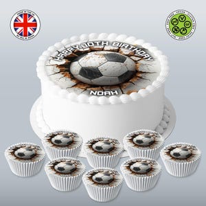 Buraco de bola 3D personalizado com tema de futebol na parede, topo redondo de 7,5 pol. e 8 cupcakes combinando, cartão de WAFER com cobertura, impressões comestíveis de aniversário