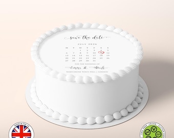 Personalised Calendar Edible Cake Topper – Save The Date Wedding Anniversary Heart & Round - ICING or WAFER