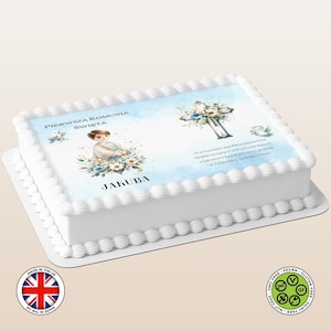 Personalisierte Pierwsza Komunia Święta offenes Buch betender Junge essbarer Kuchendeckel (polnische Version) Zuckerguss Blatt WAFER Karte Drucke, Kommunion