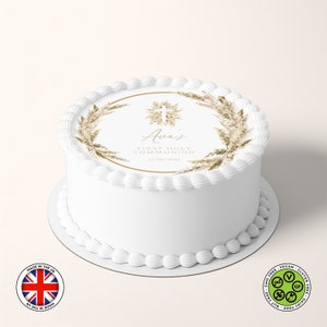 Cadre couronne de communion personnalisée herbe de pampa bohème 7,5 pouces de dessus pour gâteau comestible rond (version anglaise) feuille de glaçage carte gaufrettes impressions comestibles