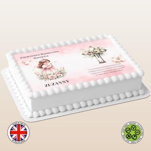 Personalisierter essbarer Kuchentopper Pierwsza Komunia Święta offenes Buch betendes Mädchen (polnische Version) Zuckerglasurfolie WAFER Karte Drucke, Kommunion