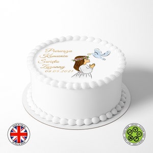 Gepersonaliseerde Pierwsza Komunia Święta meisje en duif 7,5 in ronde eetbare communie taarttopper decoratie glazuurvel WAFELTJE kaart, eetbare prints