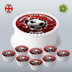 Buraco de bola 3D personalizado com tema de futebol na parede, topo redondo de 7,5 pol. e 8 cupcakes combinando, cartão de WAFER com cobertura, impressões comestíveis de aniversário
